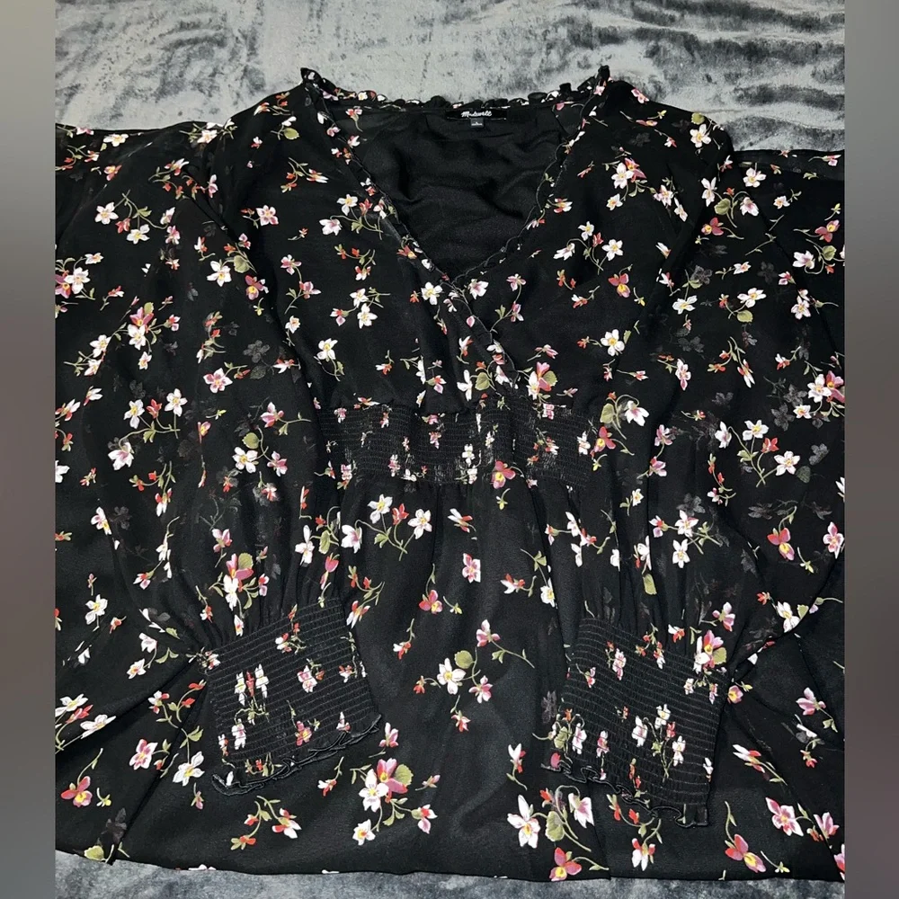 Madewell Black Floral Smocked Waist  Midi Dress/Size Large - Picture 9 of 11